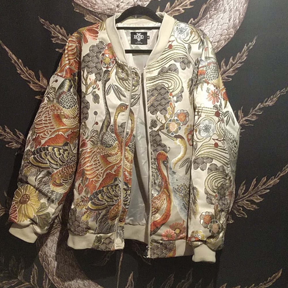 Embroidered floral crane bomber jacket
